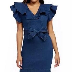 New stretchy Denim dress with ruffled collar and sleeves
